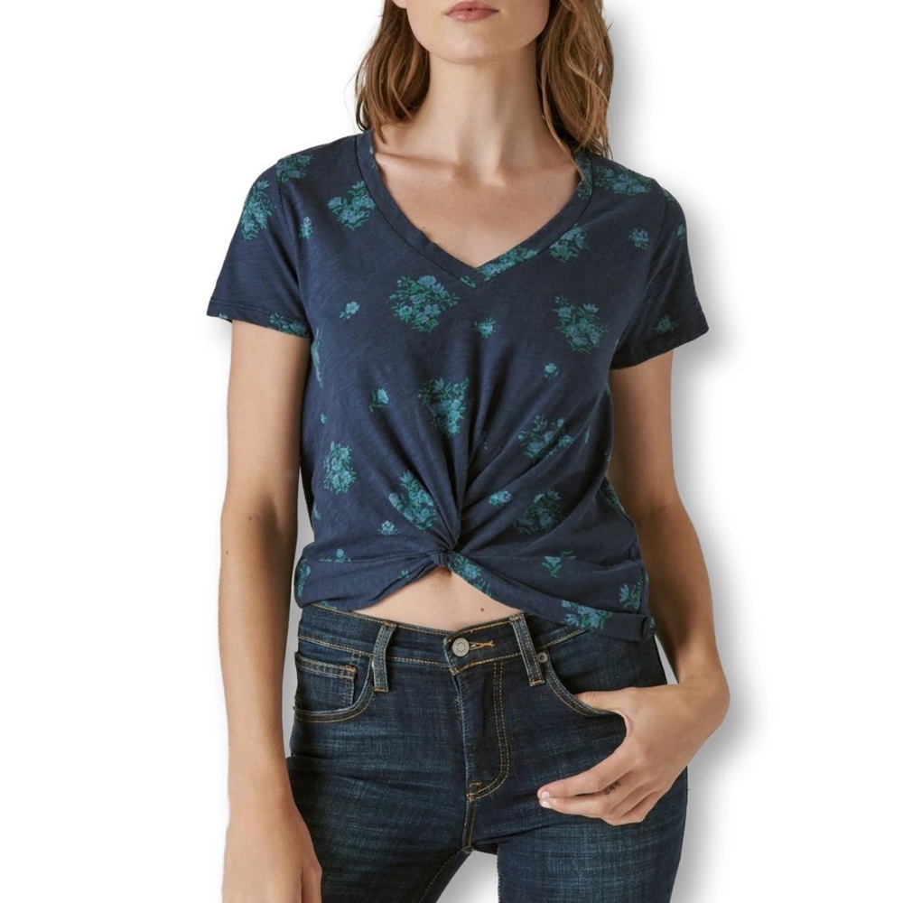 Lucky Brand Blue Floral Knot Front Tee